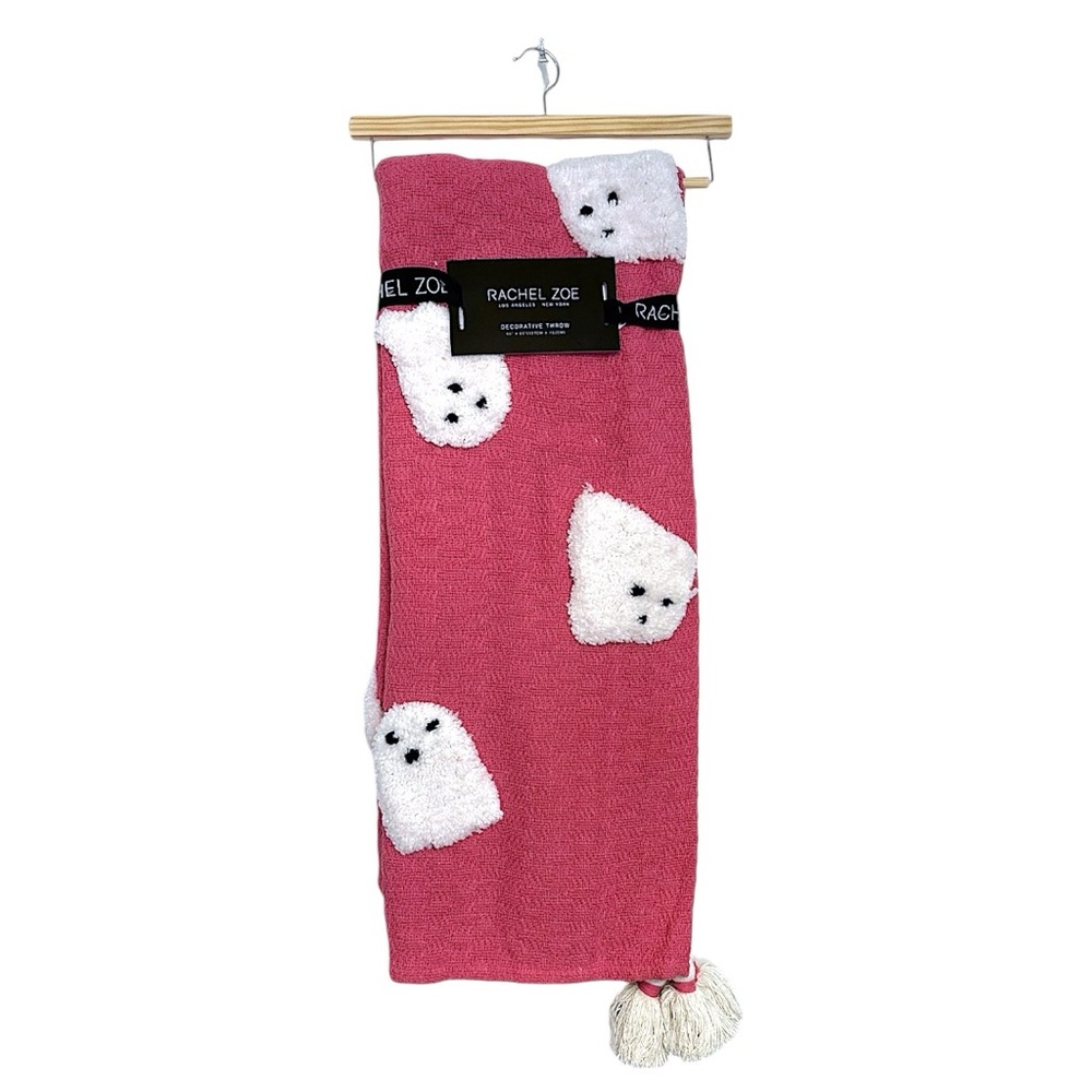 NWT Rachel Zoe Halloween Throw Blanket Pink w Tufted Ghosts Tassel Cottagecore